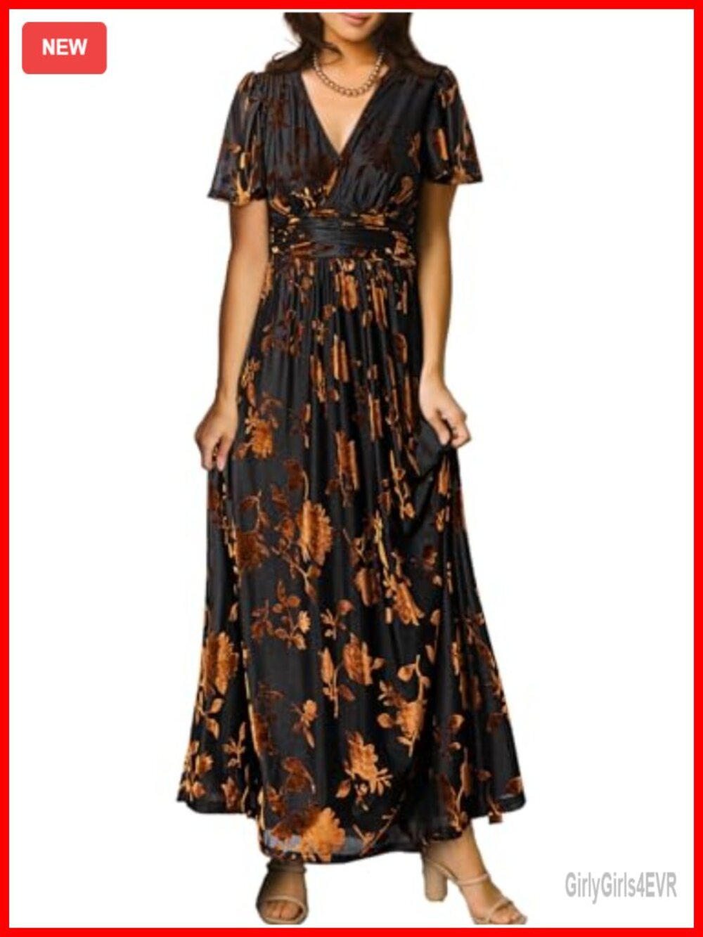 Simplee Women's Velvet Maxi Dress V Neck Short Sleeve Empire Waist Formal